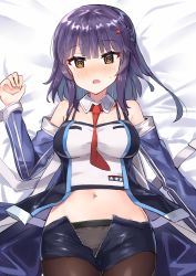 Rule 34 | 1girl, :o, @ @, azur lane, bad id, bad pixiv id, bare shoulders, bed sheet, black shorts, blue jacket, blush, breasts, brown pantyhose, commentary request, cowboy shot, crop top, dakimakura (medium), detached collar, hair ornament, hairclip, hand up, highres, jacket, long hair, long sleeves, looking at viewer, lying, medium breasts, midriff, mullany (azur lane), navel, necktie, nonon (xenonbot), nose blush, off shoulder, on back, open mouth, pantyhose, purple hair, red necktie, short shorts, shorts, sidelocks, solo, star (symbol), stomach, sweat, unzipped, yellow eyes