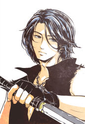 Rule 34 | 1boy, black gloves, black hair, black vest, blue eyes, closed mouth, collarbone, earrings, expressionless, fingerless gloves, garo (series), gloves, hair between eyes, holding, holding sword, holding weapon, jewelry, looking at viewer, looking down, male focus, mamotokis, necklace, sleeveless, solo, suzumura rei, sword, tokusatsu, upper body, vest, weapon, white background