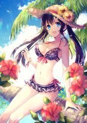 Rule 34 | 1girl, :d, arm support, bare shoulders, bikini, black bikini, black hair, blue eyes, blue sky, blurry, blurry foreground, blush, branch, breasts, cleavage, cloud, cloudy sky, collarbone, commentary request, day, depth of field, earrings, fingernails, flower, goma (11zihisin), hair between eyes, hand up, hat, hat flower, horizon, in tree, jewelry, long hair, medium breasts, navel, ocean, open mouth, original, outdoors, palm tree, polka dot, polka dot bikini, red flower, round teeth, sky, smile, solo, straw hat, swimsuit, teeth, tree, twintails, upper teeth only, very long hair, water, yellow flower