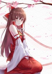 Rule 34 | 1girl, bare shoulders, blush, bow, brown eyes, brown hair, cherry blossoms, dress, hair between eyes, hair tubes, hakurei reimu, highres, long hair, long sleeves, looking at viewer, own hands together, red bow, red dress, red ribbon, ribbon, sitting, smile, solo, tim86231, touhou, tree, white sleeves, yellow neckwear