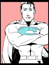 Rule 34 | 1boy, belt, bodysuit, border, cape, crossed arms, dc comics, injury, justice league, kal-el, kryptonian, limited palette, male focus, s shield, solo, superman, superman (series)