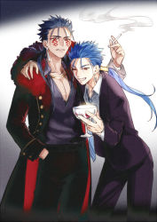 Rule 34 | &gt;:d, 1boy, :d, alcohol, black jacket, blue eyes, blue necktie, blue shirt, cigarette, cu chulainn (fate), cu chulainn (fate) (all), cu chulainn (fate/stay night), cu chulainn alter (fate), cu chulainn alter (fate/grand order), cup, drinking glass, dual persona, fate/grand order, fate/stay night, fate (series), fhalei, fur trim, hair tubes, hand in pocket, holding, holding cigarette, holding cup, holding drinking glass, hug, jacket, jewelry, lancer, leaning on person, long hair, looking at viewer, male focus, necklace, necktie, one eye closed, open mouth, parted lips, pointy hair, ponytail, red eyes, shirt, smile, smoke, smoking, standing, v-shaped eyebrows, wine