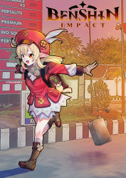 Rule 34 | 1girl, :d, ahoge, backpack, bag, bag charm, bloomers, boots, brown footwear, brown gloves, brown scarf, cabbie hat, charm (object), clover print, coat, commentary, dodoco (genshin impact), english commentary, full body, gas can, gas station, genshin impact, gloves, hair between eyes, hat, hat feather, hat ornament, indonesian text, jerry can, klee (genshin impact), knee boots, kneehighs, kuraiaku, light brown hair, long hair, long sleeves, looking away, low twintails, open mouth, orange eyes, outstretched arms, pantyhose, photo background, pointy ears, pun, randoseru, red coat, red hat, running, scarf, sidelocks, smile, socks, solo, spread arms, twintails, underwear