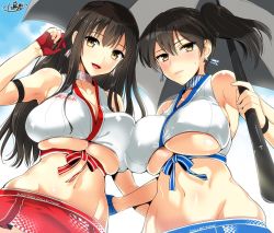Rule 34 | 2girls, akagi (kancolle), asymmetrical docking, black hair, blue gloves, breast press, breasts, brown eyes, cleavage, crop top, earrings, fingerless gloves, from below, gloves, huge breasts, jewelry, kaga (kancolle), kantai collection, kojima saya, long hair, looking at viewer, midriff, multiple girls, navel, open mouth, parasol, race queen, red gloves, shirt, side ponytail, single glove, skindentation, skirt, sleeveless, sleeveless shirt, smile, umbrella, underboob, undersized clothes, very long hair