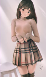 Rule 34 | 1girl, blush, breasts, brown eyes, brown hair, brown skirt, brown sweater, brown thighhighs, chair, closed mouth, cowboy shot, grayfox, hands up, head tilt, highres, long hair, long sleeves, looking at viewer, medium breasts, miniskirt, original, plaid, plaid skirt, pleated skirt, signature, skirt, sleeves past wrists, solo, standing, sweater, thick eyebrows, thighhighs, turtleneck, turtleneck sweater