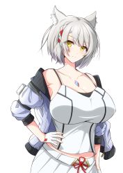 Rule 34 | 1girl, absurdres, alternate breast size, breasts, camisole, chest jewel, highres, jacket, large breasts, light xion, mio (xenoblade), mouthful mode, shoulder strap, solo, tank top, white camisole, white jacket, white tank top, xenoblade chronicles (series), xenoblade chronicles 3