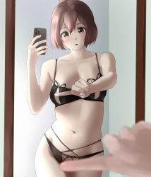 Rule 34 | 1girl, blush, breasts, brown eyes, brown hair, cellphone, commission, convenient censoring, full-length mirror, hair between eyes, highres, holding, ise (kancolle), kantai collection, large breasts, looking at viewer, meme, mirror, navel, one finger selfie challenge (meme), open mouth, panties, phone, pixiv commission, reflection, selfie, short hair, smartphone, solo, tama (tamago), underwear