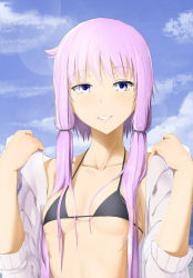 Rule 34 | 1girl, abmayo, bikini, black bikini, black ribbon, blue eyes, breasts, breasts apart, collarbone, commentary request, day, grin, hair ornament, hair ribbon, highres, jacket, lens flare, light blush, long hair, long sleeves, looking at viewer, off shoulder, open clothes, open jacket, outdoors, parted lips, purple hair, revision, ribbon, sidelocks, small breasts, smile, solo, strap gap, swimsuit, upper body, vocaloid, voiceroid, yuzuki yukari