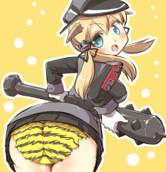 Rule 34 | 10s, 1girl, anchor hair ornament, animal print, ass, bad id, bad pixiv id, bent over, black ribbon, black skirt, blonde hair, blue eyes, blush, club, club (weapon), cross, from behind, gloves, hair ornament, hair ribbon, hat, holding, horns, iron cross, kanabou, kantai collection, long hair, long sleeves, looking back, microskirt, military, military uniform, oni, oni horns, open mouth, outline, panties, peaked cap, pleated skirt, prinz eugen (kancolle), ribbon, skirt, solo, spikes, tiger print, twintails, u-non (annon&#039;an), underwear, uniform, weapon, white gloves
