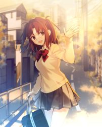 Rule 34 | 1girl, bag, blurry, blurry background, blush, bow, bowtie, breasts, brown eyes, brown hair, building, cardigan, collared shirt, commentary request, grey skirt, highres, hipo, holding, holding bag, house, long hair, long sleeves, looking at viewer, medium breasts, miniskirt, open mouth, outdoors, parted bangs, pleated skirt, red bow, red bowtie, road, school bag, school uniform, shirt, sidelocks, skirt, smile, solo, street, tongue, tree, tsukihime, tsukihime (remake), uniform, wing collar, yellow cardigan, yumizuka satsuki