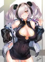 Rule 34 | 1girl, absurdres, arknights, artist name, bare shoulders, black dress, blush, breasts, china dress, chinese clothes, cleavage, cleavage cutout, clothing cutout, commentary, covered navel, cowboy shot, dress, unworn eyewear, feater (arknights), grin, hair over one eye, hand on own hip, hand up, highres, holding, holding removed eyewear, huge filesize, jacket, large breasts, long hair, long sleeves, looking at viewer, nez-box, off shoulder, open clothes, open jacket, short dress, signature, sleeveless, sleeveless dress, smile, solo, standing, sunglasses, twintails