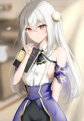 Rule 34 | 1girl, ahoge, arm behind back, bare shoulders, blurry, blurry background, book, breasts, cape, closed mouth, collared shirt, crossed bangs, dress shirt, female focus, grey hair, hair between eyes, hair ornament, hand up, highres, holding, holding book, indoors, large breasts, long bangs, long hair, looking at viewer, ninym ralei, purple cape, red eyes, shirt, sideboob, sleeveless, sleeveless shirt, smile, solo, standing, tensai ouji no akaji kokka saiseijutsu, un uk, waist cape, white shirt