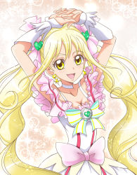Rule 34 | 1girl, :d, armpits, arms up, blonde hair, bow, breasts, choker, cleavage, cowboy shot, cure echo, earrings, frills, hair ornament, hair ribbon, hanzou, heart, heart hair ornament, jewelry, long hair, looking at viewer, magical girl, open mouth, pink bow, pink ribbon, precure, precure all stars new stage: mirai no tomodachi, ribbon, sakagami ayumi, skirt, smile, solo, striped, striped bow, twintails, waist bow, white choker, white skirt, wrist cuffs, yellow eyes