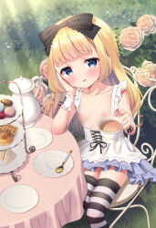 Rule 34 | 1girl, alice (alice in wonderland), alice in wonderland, apron, blonde hair, blue eyes, blue skirt, blur censor, blush, breasts, censored, chair, chitosezaka suzu, collarbone, commentary request, cup, flower, food, frilled apron, frilled skirt, frills, grass, holding, holding cup, long hair, looking at viewer, macaron, nipples, on chair, parted lips, pink flower, pink rose, rose, sandwich, saucer, sitting, skirt, small breasts, solo, spoon, striped clothes, striped thighhighs, teapot, thighhighs, tiered tray, topless, very long hair, waffle, white apron, wrist cuffs