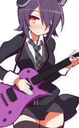 Rule 34 | 10s, 1girl, 9law, bad id, bad pixiv id, black thighhighs, blush, eyepatch, guitar, highres, instrument, kantai collection, necktie, purple hair, short hair, simple background, skirt, solo, tenryuu (kancolle), thighhighs, white background