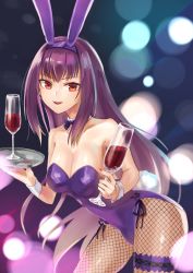 Rule 34 | 1girl, alcohol, animal ears, breasts, cleavage, cup, detached collar, drinking glass, fake animal ears, fate/grand order, fate (series), fishnet pantyhose, fishnets, hair between eyes, highleg, highleg leotard, highres, hiyoko biimu, large breasts, leotard, long hair, looking at viewer, official alternate costume, open mouth, pantyhose, playboy bunny, purple hair, purple leotard, rabbit ears, rabbit tail, red eyes, scathach (fate), scathach (piercing bunny) (fate), smile, tail, thighs, tray, wine, wrist cuffs