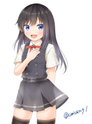 Rule 34 | 1girl, adapted costume, asashio (kancolle), belt, black hair, black thighhighs, blue eyes, blush, buttons, collared shirt, comiching, dress, hair between eyes, hand on own chest, highres, kantai collection, long hair, looking at viewer, neck ribbon, open mouth, pinafore dress, pleated skirt, red ribbon, ribbon, school uniform, shirt, short sleeves, simple background, skirt, sleeveless, sleeveless dress, smile, solo, thighhighs, twitter username, white background, white shirt