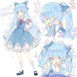 Rule 34 | 1girl, adapted costume, alternate hair length, alternate hairstyle, armband, black footwear, blue bow, blue dress, blue eyes, blush, bobby socks, bow, cirno, commentary, detached wings, dress, full body, hair bow, hand on own hip, hand on own neck, highres, ice, ice wings, long hair, long sleeves, multiple views, neck ribbon, nikorashi-ka, notice lines, open mouth, pointy ears, ponytail, red neckwear, ribbon, shirt, shoes, simple background, smile, socks, star (symbol), touhou, translation request, twintails, very long hair, white background, white legwear, white shirt, wings