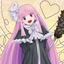 Rule 34 | 1girl, :d, barbed wire, bow, club, club (weapon), disgaea, earrings, female focus, gradient background, hair ribbon, hairband, happy, heart, jewelry, long hair, mage (disgaea), open mouth, pink hair, pointy ears, red eyes, ribbon, shawl, smile, solo, spiked club, tamazen, very long hair, weapon