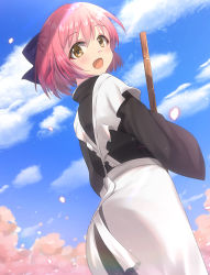 Rule 34 | 1girl, apron, bamboo broom, black kimono, blue bow, blue sky, blush, bow, broom, brown eyes, cherry blossoms, cloud, day, from behind, hair between eyes, hair bow, half updo, highres, holding, holding broom, itsuka neru, japanese clothes, kimono, kohaku (tsukihime), looking at viewer, maid, maid apron, open mouth, outdoors, petals, red hair, short hair, sky, smile, solo, tongue, tsukihime, wa maid, white apron, wide sleeves