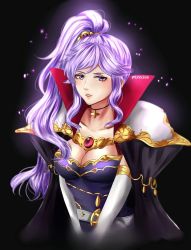 Rule 34 | 1girl, armor, artist name, breasts, choker, cleavage, fire emblem, fire emblem heroes, hair between eyes, highres, ishtar (fire emblem), looking at viewer, mionachan, nintendo, open mouth, ponytail, purple hair, shoulder armor, solo, upper body, watermark
