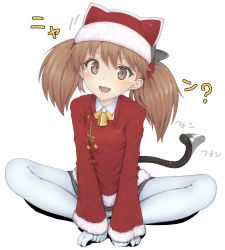 Rule 34 | 10s, 1girl, ?, animal hat, bell, black skirt, blush, brown eyes, brown hair, butterfly sitting, cat hat, cat tail, christmas, collar, feet, hair ornament, hands on feet, hat, highres, japanese clothes, kantai collection, kariginu, kemonomimi mode, looking at viewer, neck bell, no shoes, pantyhose, pleated skirt, ryuujou (kancolle), santa costume, santa hat, simple background, sitting, skirt, solo, tail, tail wagging, twintails, urigarasu, white background, white pantyhose