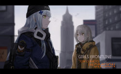 Rule 34 | 2girls, agent 416 (girls&#039; frontline), agent 416 (shield of manhattan) (girls&#039; frontline), agent vector (girls&#039; frontline), bad id, bad pixiv id, black headwear, blue hair, blue jacket, city, closed mouth, copyright name, english text, gas mask, girls&#039; frontline, green eyes, grey hair, hat, highres, hk416 (girls&#039; frontline), jacket, letterboxed, long hair, looking away, mask, medium hair, multiple girls, selcky, uniform, vector (girls&#039; frontline), yellow eyes, yellow jacket