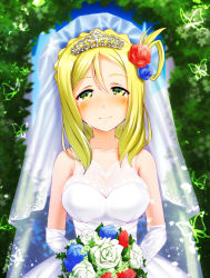 Rule 34 | 10s, 1girl, birthday, blonde hair, blue flower, blue rose, bouquet, braid, breasts, bug, butterfly, crown braid, crying, crying with eyes open, dress, elbow gloves, flower, gloves, grass, hair rings, happy birthday, highres, hkn (ringya), bug, large breasts, love live!, love live! school idol festival, love live! sunshine!!, medium hair, ohara mari, red flower, red rose, rose, tears, tiara, twitter username, wedding dress, yellow eyes