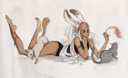 Rule 34 | 00s, 1girl, animal ears, arm support, ass, barefoot, rabbit ears, cat, feathers, feet, final fantasy, final fantasy xii, full body, legs up, long hair, lying, on stomach, one-piece swimsuit, sketch, soles, solo, square enix, swimsuit, toe-point, viera, white hair