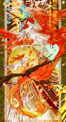 Rule 34 | amaterasu (ookami), animal, bad id, bad pixiv id, bird, branch, canvas (object), chicken, chinese zodiac, commentary request, fire, highres, mythological creature, no humans, oki (a-terubz), ookami (game), petals, red wings, sun, tree, branch, twitter username, white wolf, wings, wolf, year of the rooster