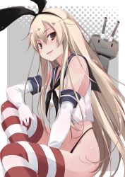 Rule 34 | 1girl, 1other, black panties, blonde hair, blue sailor collar, border, brown eyes, crop top, elbow gloves, feet out of frame, gloves, grey background, highleg, highleg panties, invisible chair, kantai collection, long hair, looking at viewer, no pants, panties, rensouhou-chan, sailor collar, shimakaze (kancolle), sitting, smile, striped clothes, striped thighhighs, thighhighs, underwear, white border, white gloves, yumesato makura