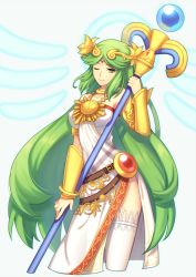 Rule 34 | 1girl, bare shoulders, breasts, green eyes, green hair, jewelry, kid icarus, kid icarus uprising, large breasts, long hair, necklace, palutena, smile, solo, staff, super smash bros., thighhighs, tiara, very long hair, wusagi2