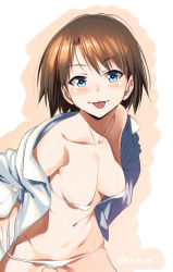 Rule 34 | 1girl, :p, bikini, blue eyes, blush, breasts, brown hair, cleavage, collarbone, inu (aerodog), looking at viewer, navel, original, short hair, small breasts, smile, solo, stomach, swimsuit, tongue, tongue out, white bikini