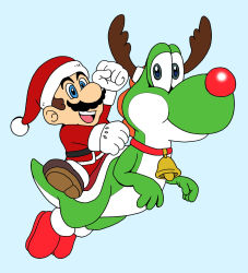 Rule 34 | 1boy, antlers, bell, christmas, cosplay, custom, dinosaur, facial hair, full body, gloves, grin, hand up, hat, horns, jumping, mario, mario (series), mustache, nintendo, open mouth, red nose, reindeer antlers, santa costume, santa hat, smile, super mario world, tail, yoshi
