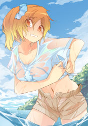 Rule 34 | 1girl, blonde hair, blush, breasts, cloud, day, in water, kagerou project, kisaragi momo, midriff, navel, orange eyes, panties, scrunchie, see-through, shirt, side ponytail, sky, solo, tied shirt, total9, underwear, wading, water, wet, wet clothes