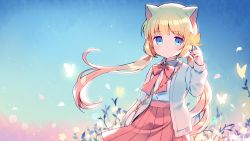 Rule 34 | 1girl, animal, animal ears, animal on hand, bad id, bad pixiv id, bag, blonde hair, blue eyes, blue sky, blush, bow, bug, butterfly, butterfly on hand, cat ears, closed mouth, collared shirt, commentary, commission, day, english commentary, flower, grey jacket, hand up, bug, jacket, long hair, looking at viewer, low twintails, mechuragi, open clothes, open jacket, original, outdoors, pleated skirt, red bow, red skirt, shirt, shoulder bag, skirt, sky, solo, twintails, very long hair, white flower, white shirt