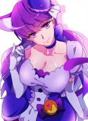Rule 34 | 10s, 1girl, animal ears, breasts, cat ears, cat tail, choker, cleavage, cure macaron, earrings, elbow gloves, extra ears, food-themed hair ornament, gloves, hair ornament, jewelry, kirakira precure a la mode, kotozume yukari, large breasts, long hair, looking at viewer, macaron hair ornament, magical girl, negom, precure, purple choker, purple eyes, purple hair, simple background, solo, tail, white background, white gloves
