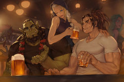 Rule 34 | 2girls, 3boys, alcohol, bar (place), beard, beer, beer mug, black hair, blonde hair, blue eyes, braid, brown hair, casual, character request, cigarette, collarbone, colored skin, commentary, cup, drinking glass, elf, english commentary, facial hair, forehead, glasses, goatee, green hair, green skin, hair ribbon, highres, hood, hoodie, indoors, jaina proudmoore, jewelry, long braid, manly, mohawk, morry, mug, multiple boys, multiple girls, muscular, night elf (warcraft), no pupils, one eye closed, orc, pink skin, plug (piercing), pointy ears, purple skin, red hair, revision, ribbon, rimless eyewear, ring, scar, scar across eye, scar on face, shirt, side braid, single braid, sleeveless, sleeveless hoodie, smoking, t-shirt, thrall, troll (warcraft), tusks, twin braids, varian wrynn, warcraft, wedding band, whiskey, white hair, world of warcraft