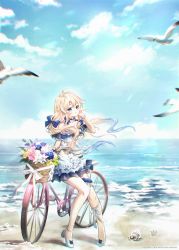 Rule 34 | 1girl, absurdres, ahoge, animal, bare shoulders, beach, bicycle, bicycle basket, bird, blonde hair, blue bow, blue choker, blue dress, blue eyes, blue flower, blue rose, blue sky, bow, choker, closed mouth, cloud, commission, danby merong, day, dress, flower, gradient hair, hair between eyes, hair bow, hand up, highres, horizon, long hair, multicolored hair, ocean, off-shoulder dress, off shoulder, original, outdoors, pink flower, rose, sand, seagull, shoes, sky, smile, solo, twintails, very long hair, water, white flower, white footwear, yellow flower