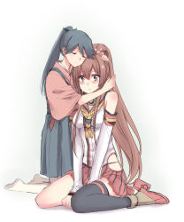 Rule 34 | 10s, 2girls, blush, brown eyes, brown hair, cherry blossoms, comforting, crying, crying with eyes open, detached sleeves, closed eyes, flower, hair flower, hair ornament, head hug, highres, houshou (kancolle), hug, japanese clothes, kantai collection, light smile, long hair, multiple girls, mylovelydevil, ponytail, skirt, tears, thighhighs, tofu (pixiv), very long hair, yamato (kancolle)
