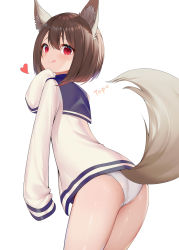 Rule 34 | 1girl, absurdres, animal ear fluff, animal ears, ass, bad id, bad pixiv id, blue shirt, blush, brown hair, commentary request, dog ears, dog tail, from behind, hair between eyes, heart, highres, looking at viewer, original, panties, red eyes, shirt, short hair, simple background, sleeves past fingers, sleeves past wrists, solo, tail, tongue, tongue out, topu, underwear, white background, white panties, white shirt