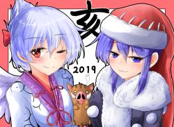 Rule 34 | 2019, 2girls, :3, ;), adapted costume, black kimono, blue eyes, blue hair, blush, boar, border, bow, breast smother, breasts, collarbone, commentary request, doremy sweet, face to breasts, fur trim, giving up the ghost, hair between eyes, hair bow, half updo, hat, japanese clothes, kimono, kishin sagume, large breasts, looking at viewer, multiple girls, nightcap, one eye closed, oshiaki, outside border, pom pom (clothes), red border, red bow, red eyes, red hat, short hair, sidelocks, silver hair, simple background, single wing, smile, touhou, translated, upper body, white background, white kimono, white wings, wings
