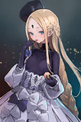 Rule 34 | 1girl, abigail williams (event portrait) (fate), abigail williams (fate), black hat, black shirt, blonde hair, blue eyes, bodystocking, braid, braided ponytail, breasts, cookie, dress, fate/grand order, fate (series), food, forehead, grey dress, hat, highres, keyhole, long hair, long sleeves, looking at viewer, off shoulder, open mouth, parted bangs, shirt, sidelocks, small breasts, smile, solo, taishi (picchiridou), tongue, tongue out, very long hair