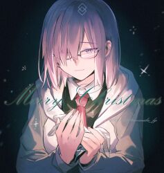 Rule 34 | 1girl, aki (neyuki41028), black-framed eyewear, black dress, christmas, closed mouth, collared dress, commentary request, dress, english text, fate/grand order, fate (series), fingernails, glasses, gloves, grey jacket, hair over one eye, holding, holding clothes, holding gloves, hood, hood down, hooded jacket, jacket, long sleeves, mash kyrielight, merry christmas, multicolored clothes, multicolored jacket, necktie, one eye covered, purple eyes, purple hair, red necktie, short hair, smile, solo, twitter username, two-tone jacket, white gloves, white jacket