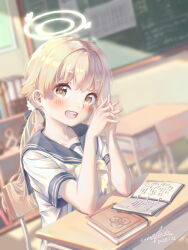 1girl :d absurdres artist_name blonde_hair blue_archive blurry blurry_background blush book bookshelf chalkboard classroom dated desk halo hifumi_(blue_archive) highres indoors open_book open_mouth own_hands_together ponytail school_desk school_uniform serafuku shirt short_sleeves sitting smile white_shirt xiaofan2005