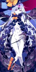 Rule 34 | 1girl, abigail williams (fate), abigail williams (third ascension) (fate), adjusting hair, black panties, bow, colored skin, commentary request, fate/grand order, fate (series), flat chest, hat, highres, keyhole, long hair, looking at viewer, navel, nipples, orange bow, panties, panty pull, parted bangs, parted lips, polka dot, polka dot bow, pulling own clothes, purple eyes, revealing clothes, skinny, skull print, smile, solo, suction cups, suggestive fluid, tentacles, thigh gap, third eye, underwear, very long hair, watanabe yoshihiro, white hair, white skin, witch hat