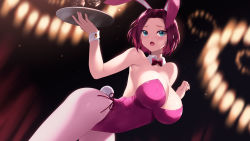 Rule 34 | 1girl, alternate costume, animal ears, black leotard, blue eyes, bow, bowtie, breasts, rabbit ears, rabbit tail, cait aron, cleavage, code geass, covered navel, detached collar, fake animal ears, fake tail, highres, kouzuki kallen, large breasts, leotard, open mouth, pantyhose, pink leotard, playboy bunny, red hair, short hair, solo, strapless, strapless leotard, tail, wrist cuffs