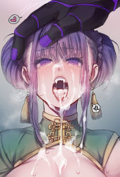 Rule 34 | breasts, cum, cum in mouth, cum on body, cum on breasts, cum on hair, cum on upper body, cumdrip, fang, fangs, hand on another&#039;s head, highres, looking at viewer, nemu (nora), open mouth, purple eyes, purple hair, sharp teeth, tagme, tearing up, teeth, tongue, tongue out, vampire