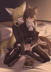 2girls animal_ears arknights ascot black_gloves black_jacket black_nails black_thighhighs blonde_hair blush book brown_eyes cartonbox_(zhixiang_zhi) chinese_commentary collared_shirt commentary_request fingering fox_ears fox_girl fox_tail gloves jacket long_hair multiple_girls no_panties on_bed orange_eyes parted_lips penance_(arknights) pillow pussy_juice pussy_juice_stain reach-around shirt smile spread_legs tail tears thighhighs torn_clothes torn_thighhighs unworn_gloves vulpisfoglia_(arknights) white_ascot white_shirt wolf_ears wolf_girl wolf_tail yuri