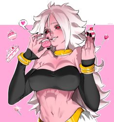 Rule 34 | 1girl, absurdres, alternate form, android 21, black nails, black sclera, bracelet, breasts, cake, candy, cleavage, colored eyelashes, colored sclera, colored skin, cupcake, dragon ball, dragon ball fighterz, drooling, eyelashes, food, heart, highres, jewelry, lollipop, looking at viewer, majin android 21, nail polish, navel, pink skin, red eyes, solo, spoilers, spoken heart, stomach, strapless, toned, tube top, upper body, zelus